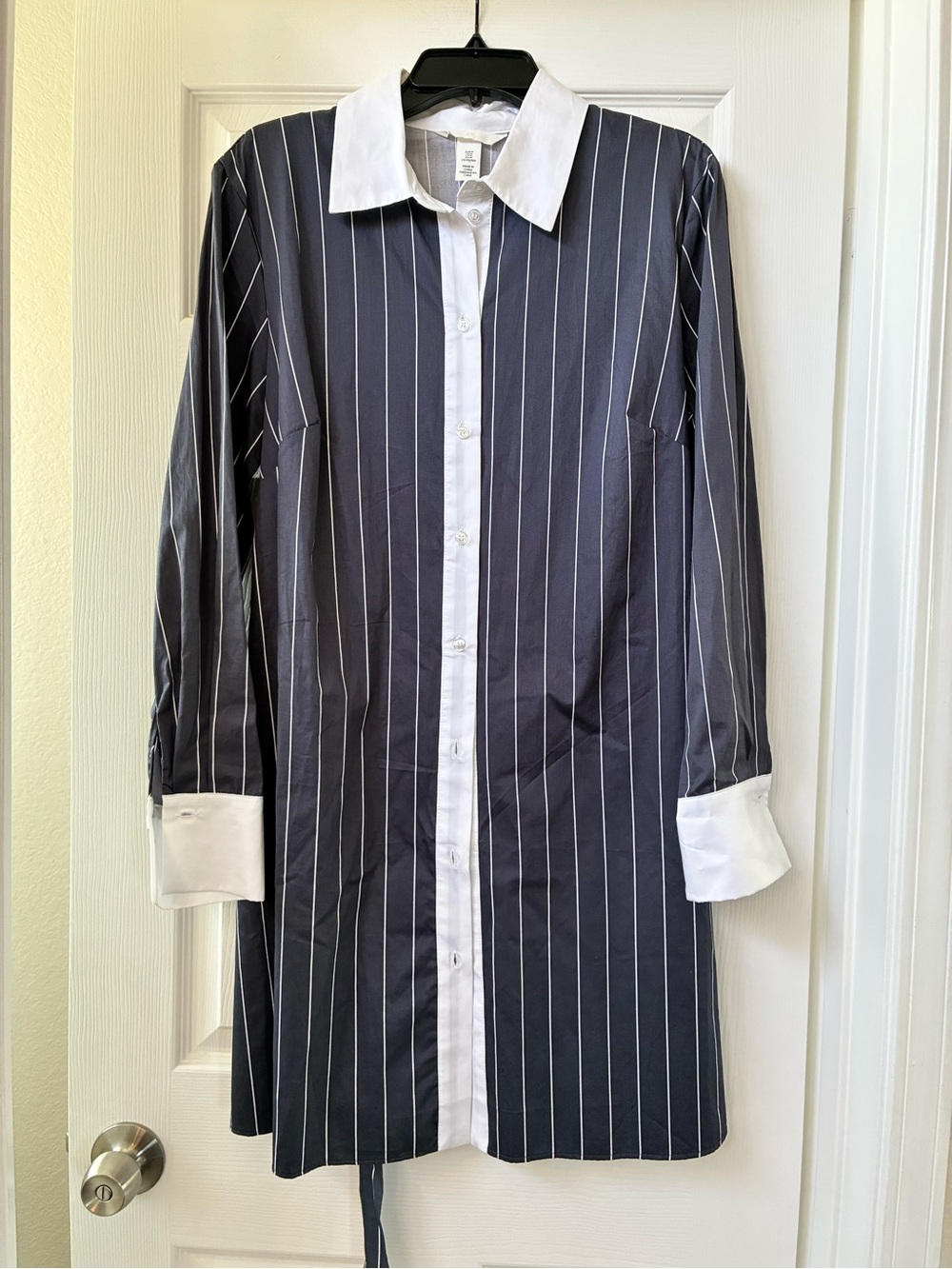 H&M Navy Pinstripe Shirt Dress with White Collar & Cuffs